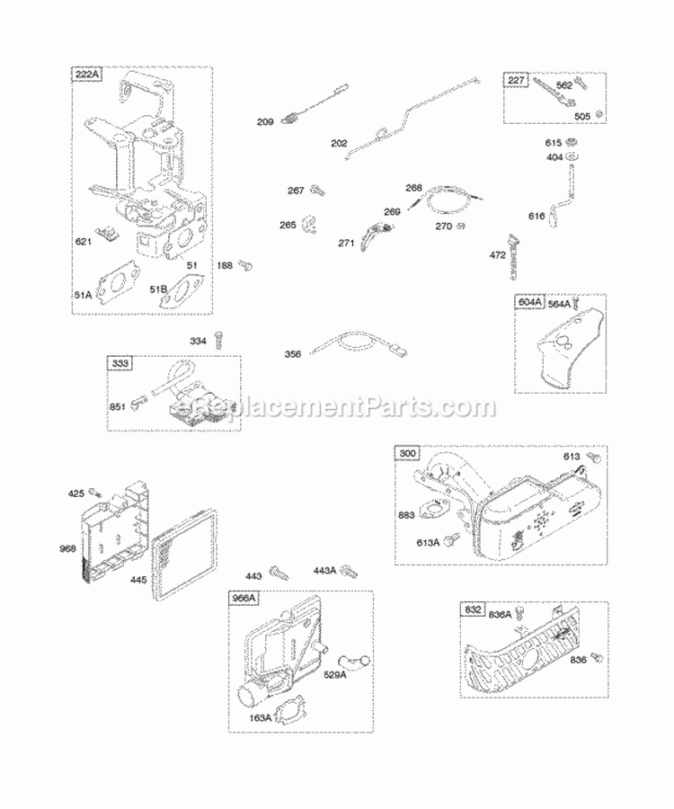 Air Cleaner Controls Exhaust System Governor Spring Ignition Diagram and Parts List for 12F612-0115-B1  Briggs and Stratton Engine